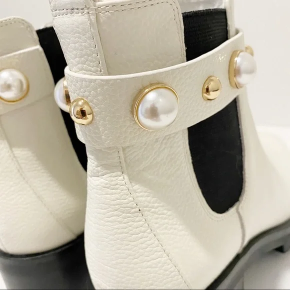 KARL LAGERFELD Pola Leather Off White Pearl Stud Ankle Strap Chelsea Booties NWT - Picture 13 of 16